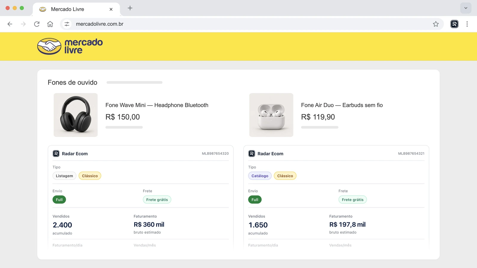 Resultados de pesquisa no Mercado Livre com painéis Radar integrados aos cards, mostrando desempenho estimado, avaliações e vendedor.